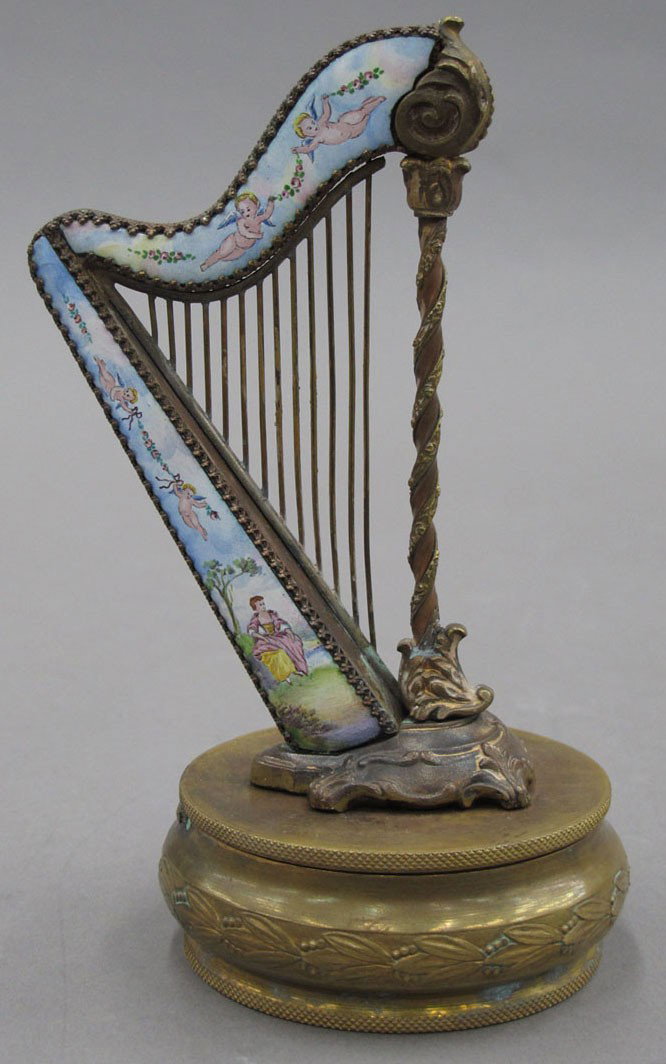 FRENCH SILVER DRESSER BOX in the form of a harp: FRENCH SILVER DRESSER BOX in the form of a harp length- 6"