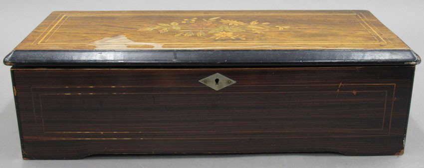 VICTORIAN SWISS CYLINDER MUSIC BOX with twelve: VICTORIAN SWISS CYLINDER MUSIC BOX with twelve aires cylinder- 10 1/2" length of box- 20 1/2" note- no broken teeth