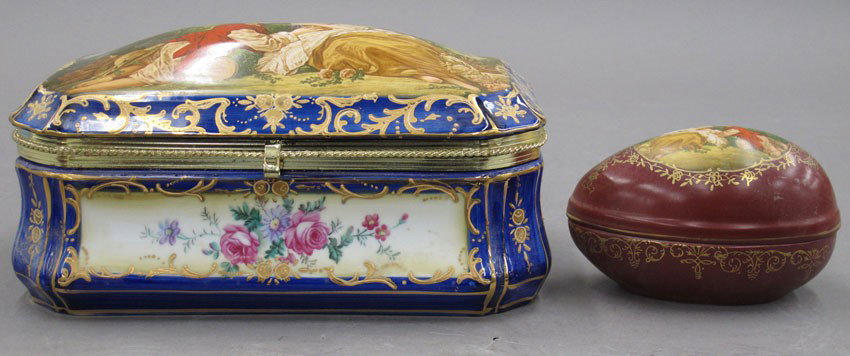 LOT OF (2) EUROPEAN PORCELAIN COVERED BOXES one: LOT OF (2) EUROPEAN PORCELAIN COVERED BOXES one marked R.S. Prussia lengths- 5 1/2", 10"