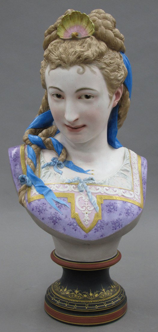 FRENCH BISQUE BUST OF WOMAN, signed A. Carrier: FRENCH BISQUE BUST OF WOMAN, signed A. Carrier height- 20"