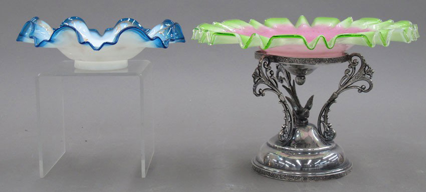 LOT OF (2) VICTORIAN ART GLASS COMPOTES, one wi: LOT OF (2) VICTORIAN ART GLASS COMPOTES, one with art glass liner