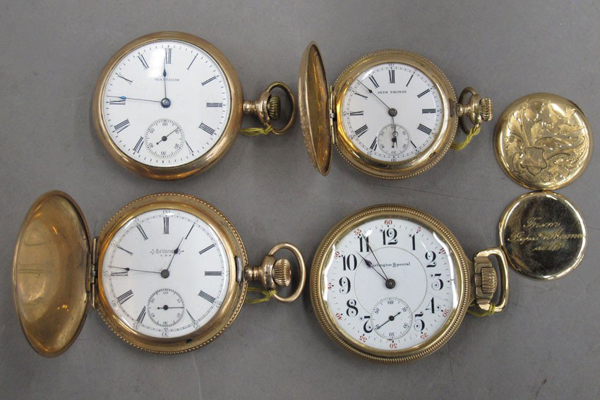 LOT OF (4) GOLD PLATED POCKET WATCHES including: LOT OF (4) GOLD PLATED POCKET WATCHES including (1) gold plated pocket watch case