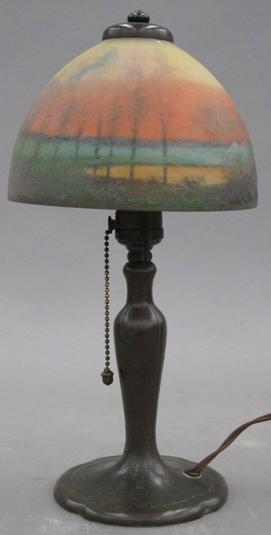 HANDEL REVERSE PAINTING ON GLASS BOUDOIR LAMP w: HANDEL REVERSE PAINTING ON GLASS BOUDOIR LAMP with signed shade height- 13"