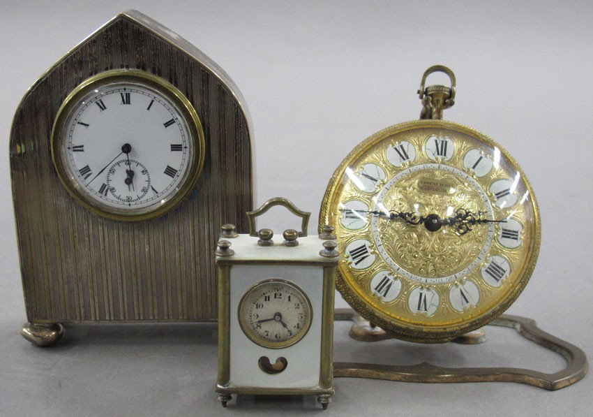 LOT OF (3) CLOCKS includes (2) silver dresser c: LOT OF (3) CLOCKS includes (2) silver dresser clocks and (1) swiss "mother of pearl" miniature clock sizes - 1/2", 3", 4"