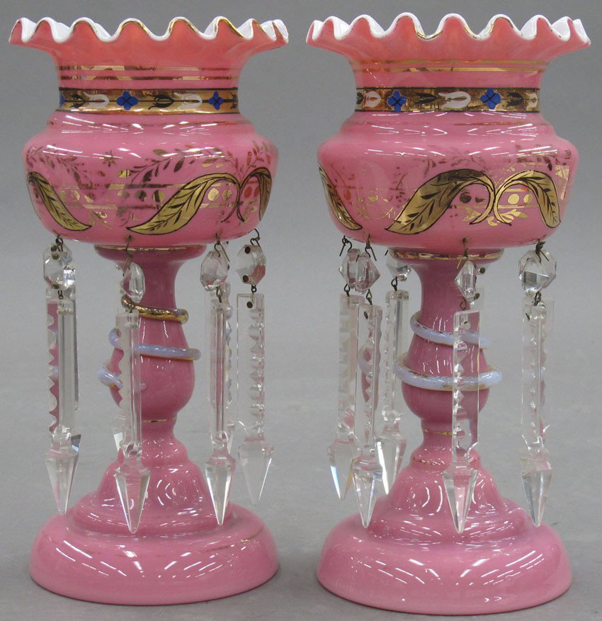 PAIR OF LATE VICTORIAN PINK LUSTERS with crysta: PAIR OF LATE VICTORIAN PINK LUSTERS with crystal drops height- 10"