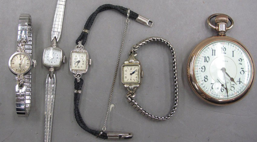 LOT OF (5) WATCHES includes hamilton, omega, elgin, and: LOT OF (5) WATCHES includes hamilton, omega, elgin, and illinois pocket watch estimate 500-700