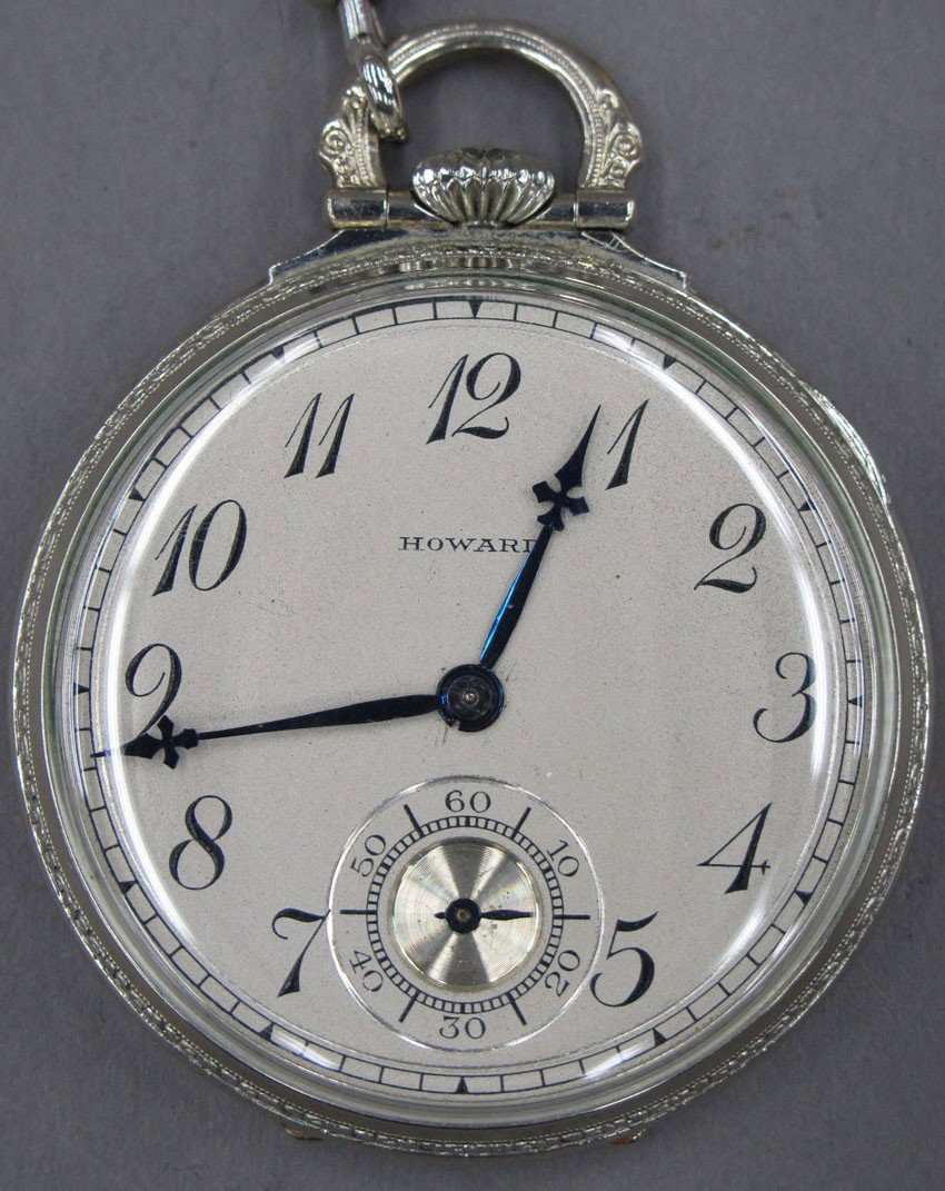 HOWARD OPEN FACE POCKET WATCH with 14kt white gold chai: HOWARD OPEN FACE POCKET WATCH with 14kt white gold chain