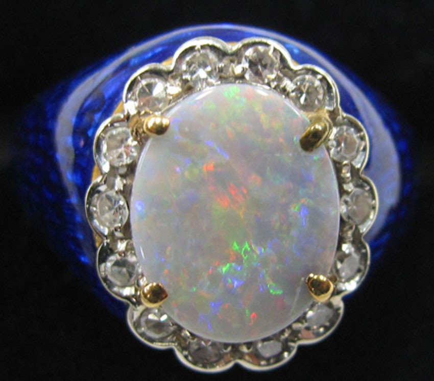 ENAMELED 18KT OPAL AND DIAMOND RING: ENAMELED 18KT OPAL AND DIAMOND RING