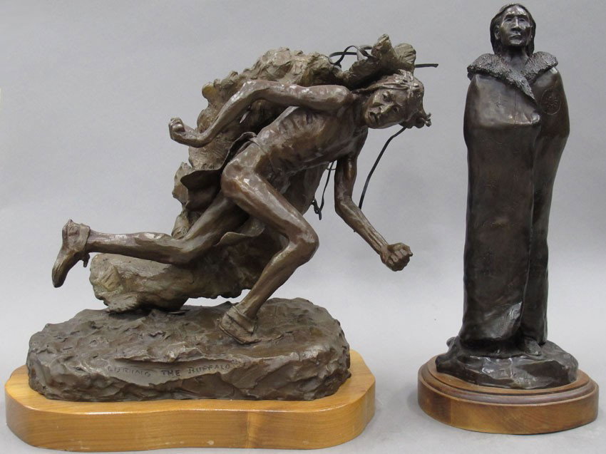 LOT OF (2) BRONZE STATUES OF NATIVE AMERICANS: LOT OF (2) BRONZE STATUES OF NATIVE AMERICANS one signed Bob Scriver height with stand- 16"