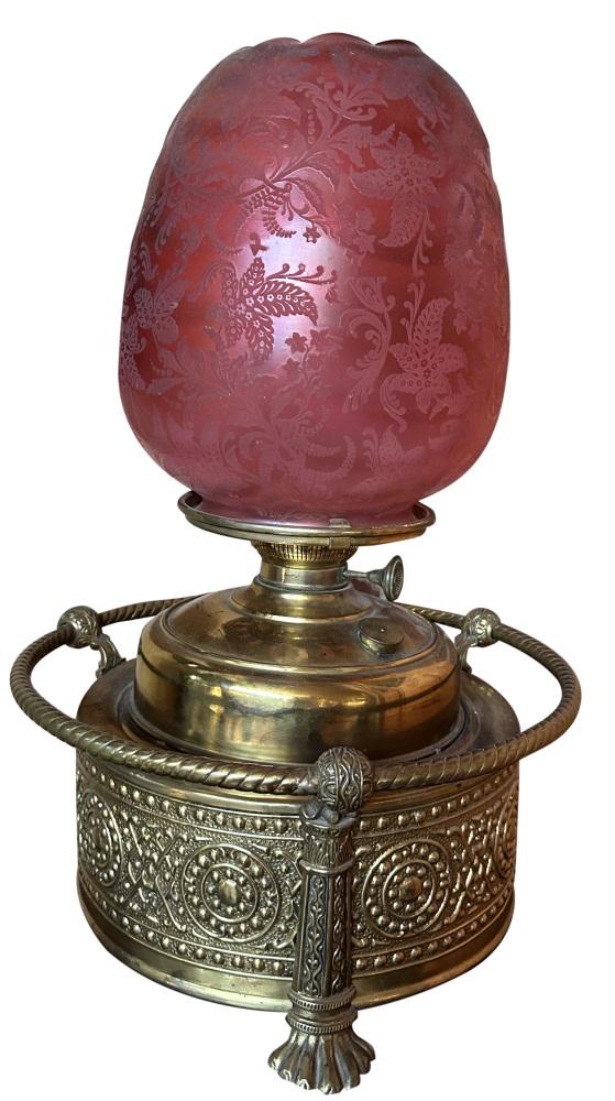 RUBY ETCHED GLASS SHADE W/ BRASS BASE, 19TH C. (1 of 5)