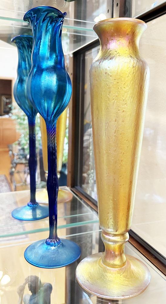 LOT OF (2) TIFFANY STYLE FRAVILE ART GLASS VASES: Height- 13"- 14"