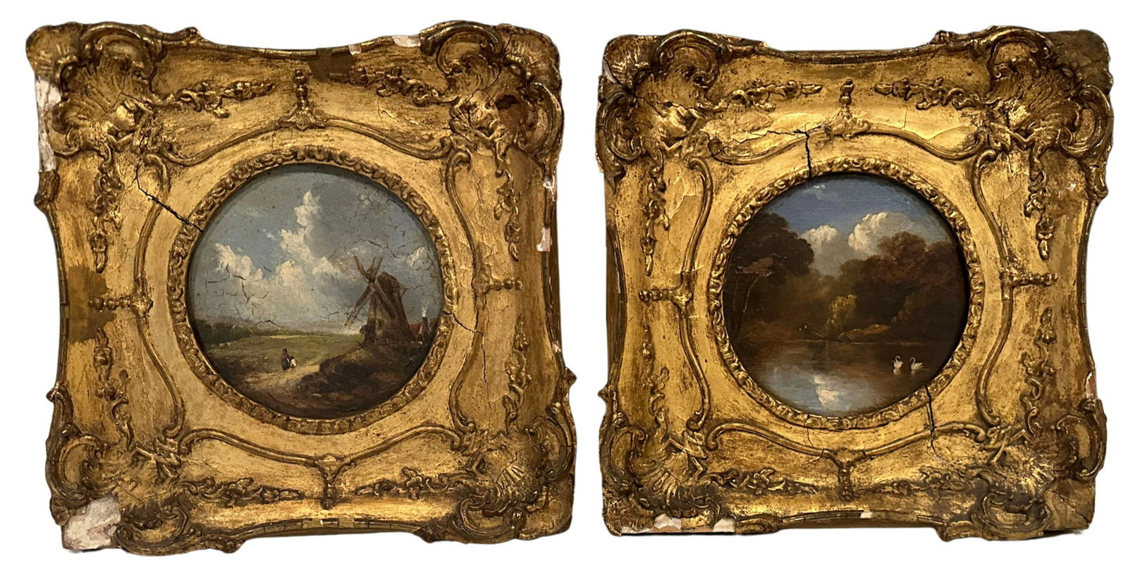 PAIR CONTINETAL OIL ON BOARD LANDSCAPES: with gesso frames Overall- 12" x 12" Condition- some losses to gesso Third party shipping only for this lot