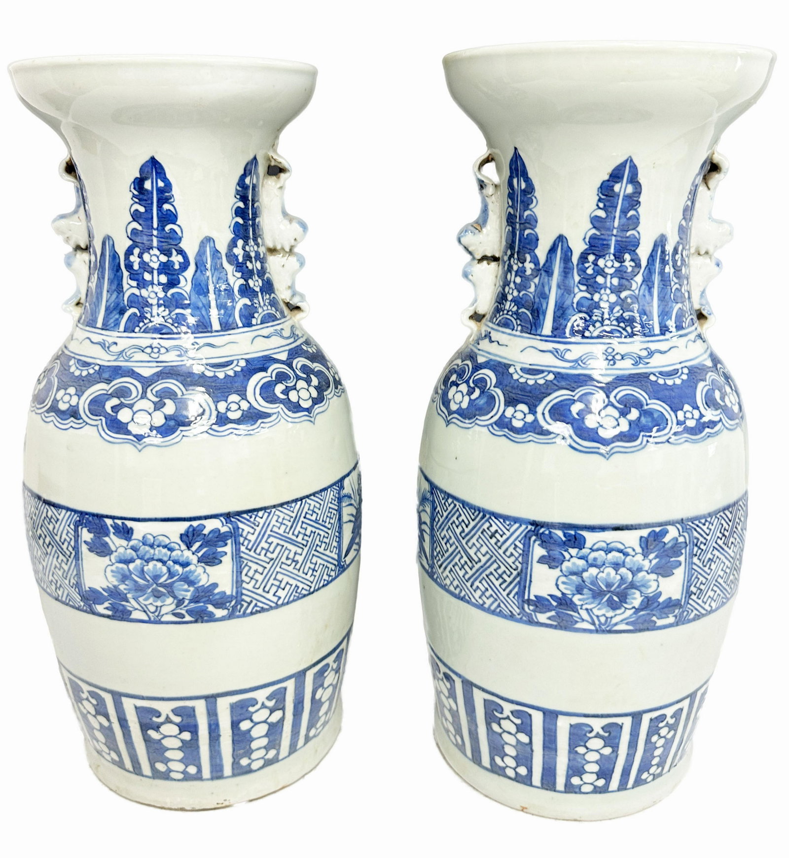 PAIR OF ASIAN BLUE AND WHITE VASES: Height- 16" Third party shipping only for this lot