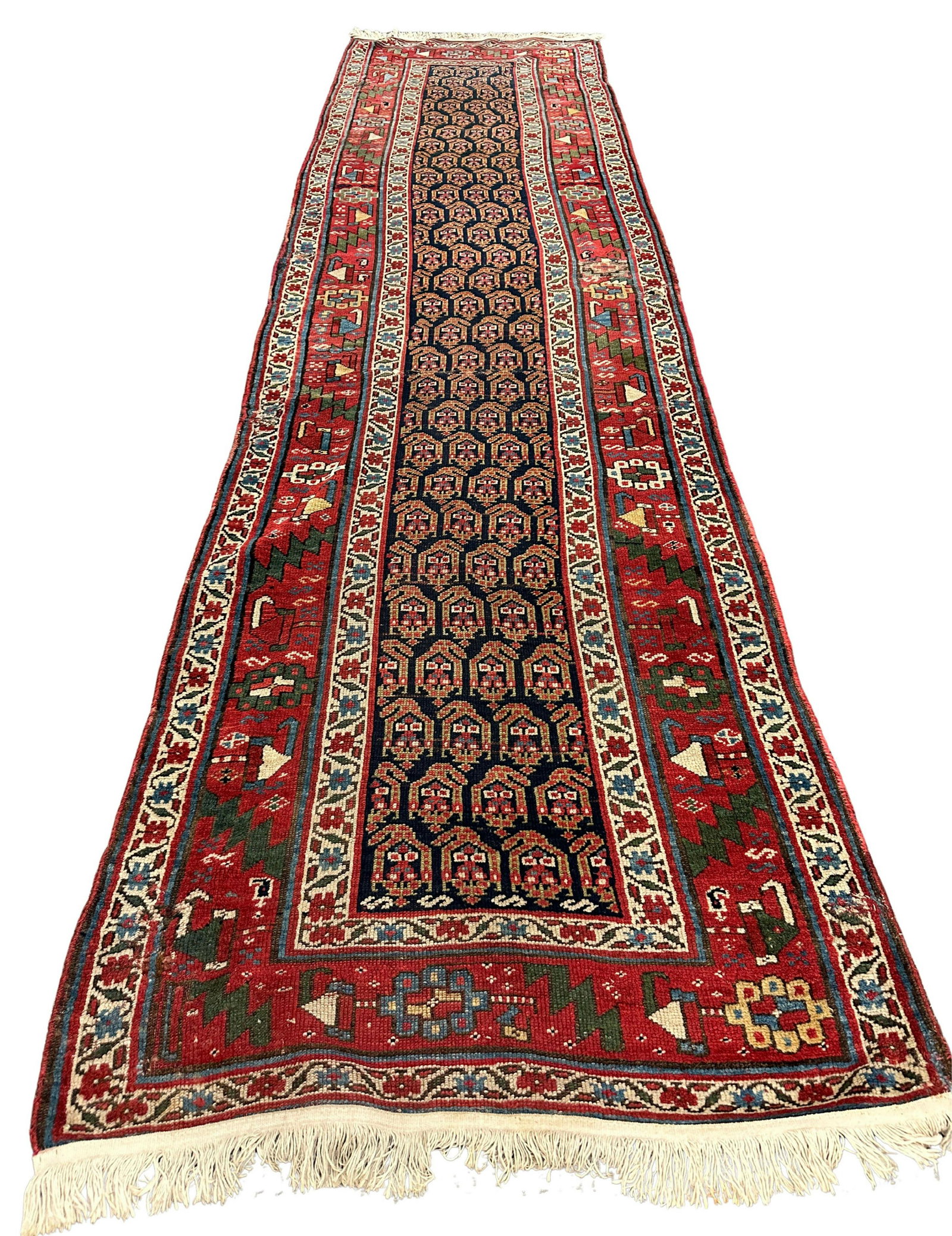 SEMI-ANTIQUE CAUCASIAN CARPET: Overall- 38" x 12' Condition- some repairs Shipping U.S. $50 plus insurance