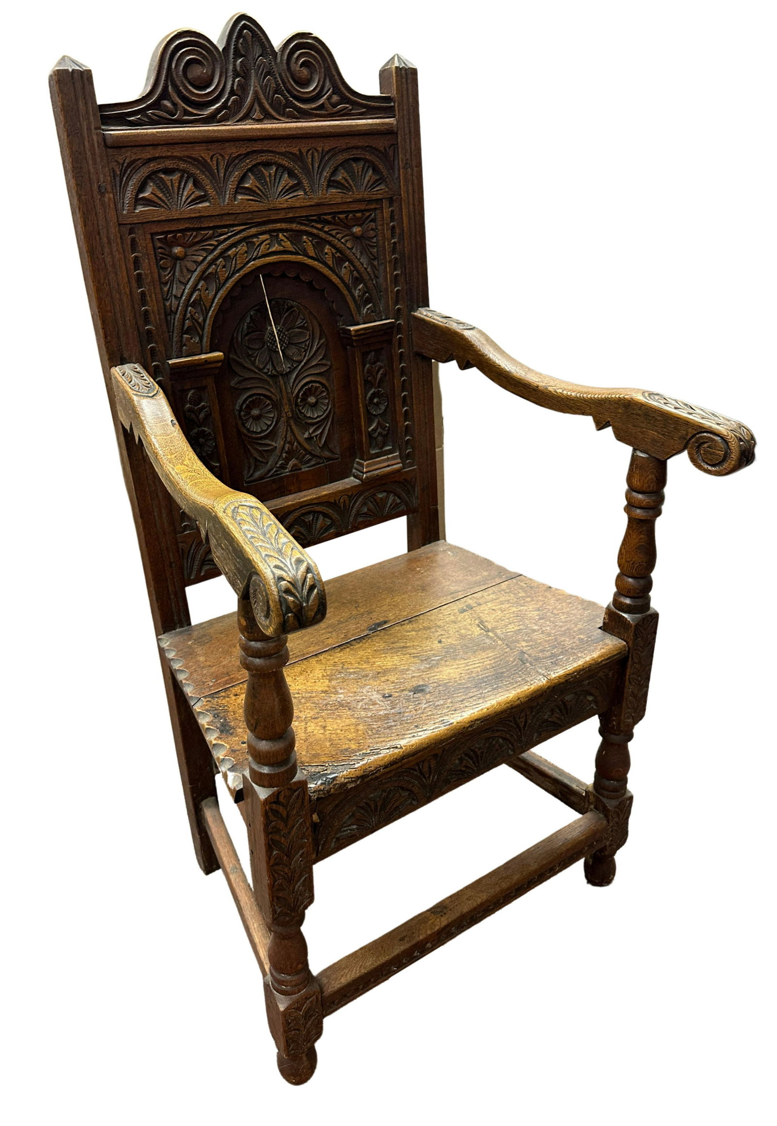 ENGLISH 18TH C. CARVED OAK ARM CHAIR (1 of 4)