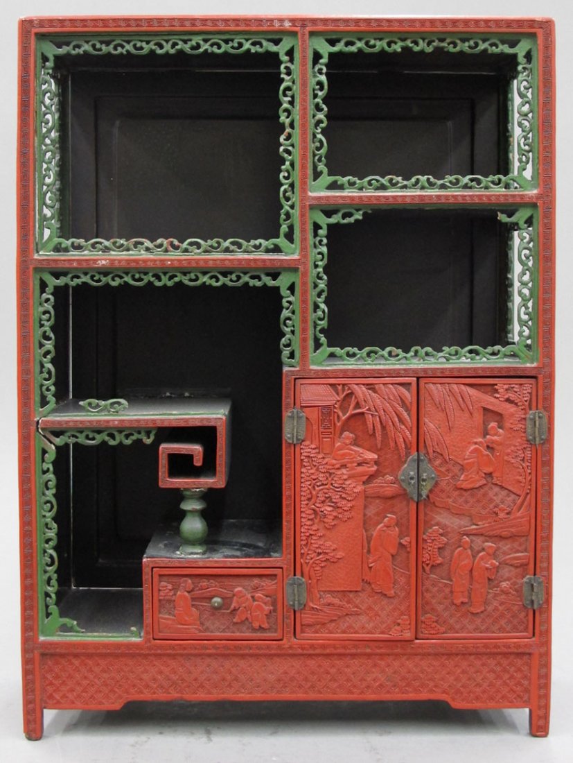 CHINESE RED LACQUERED CHEST height- 19 3/4 width-: CHINESE RED LACQUERED CHEST height- 19 3/4 width- 14 3/4