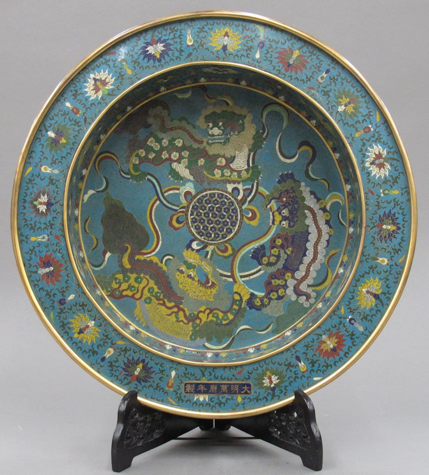 LARGE CHINESE CLOISONNE BASIN BOWL height- 4", d: LARGE CHINESE CLOISONNE BASIN BOWL height- 4", diameter- 21"