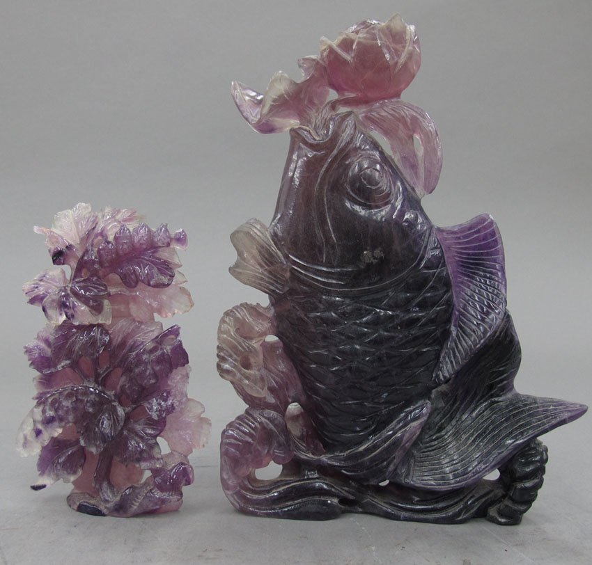 LOT OF (2) AMETHYST CARVINGS Koi fish and vase h: LOT OF (2) AMETHYST CARVINGS Koi fish and vase heights- 6 1/2", 10"