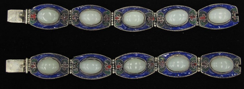 PAIR OF WHITE JADE AND SILVER ENAMELED BRACELETS: PAIR OF WHITE JADE AND SILVER ENAMELED BRACELETS length- 7 1/4"