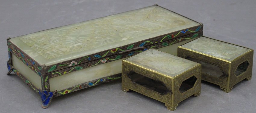 LOT OF (3) CHINESE DRESSER BOXES with carved jad: LOT OF (3) CHINESE DRESSER BOXES with carved jade size- 1 1/2" x 2 1/4" 3 1/4" x 7 1/4"