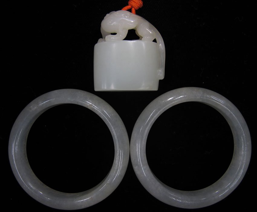 LOT OF (3) JADE PIECES includes bracelets and car: LOT OF (3) JADE PIECES includes bracelets and carved figure