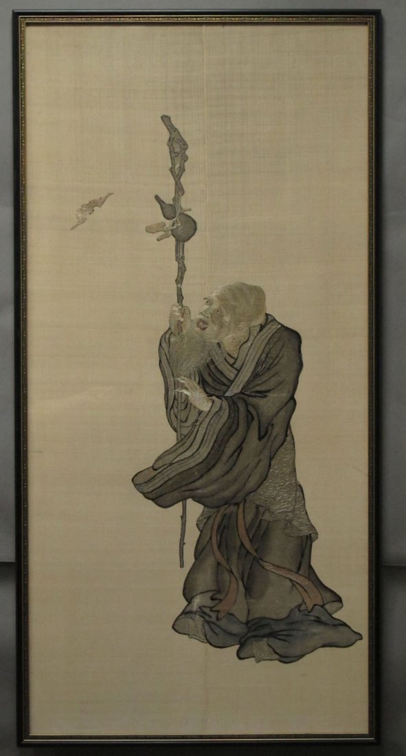 CHINESE EMBROIDERED SILK LOHAN FIGURE AND BAT ov: CHINESE EMBROIDERED SILK LOHAN FIGURE AND BAT overall size- 29 5/8" x 59 5/8"