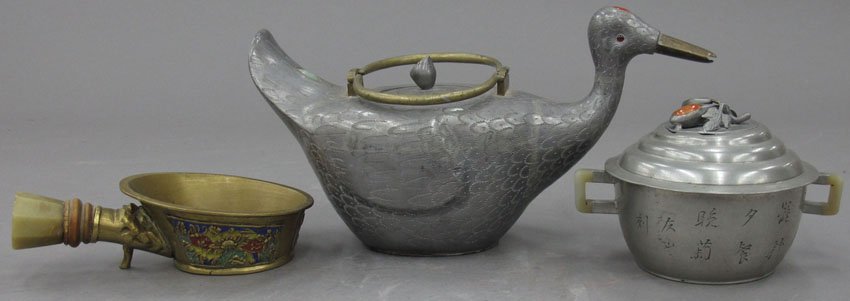 LOT OF (3) CHINESE ITEMS includes pewter tea pot: LOT OF (3) CHINESE ITEMS includes pewter tea pot, pewter rice warmer, and small cooking pot