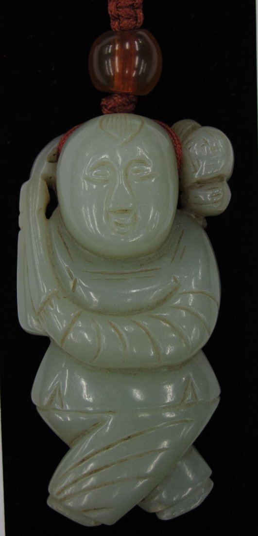 CHINESE CARVED JADE PENDANT OF FIGURE length- 3": CHINESE CARVED JADE PENDANT OF FIGURE length- 3"