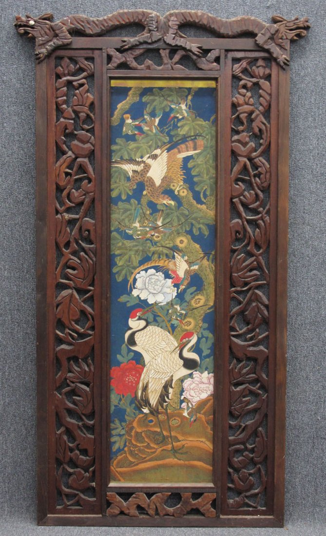 JAPANESE PAINTING ON SILK with carved wood frame: JAPANESE PAINTING ON SILK with carved wood frame height- 86", width- 44"