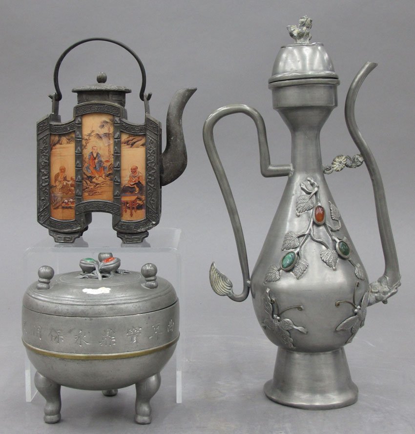 LOT OF (3) CHINESE PEWTER ITEMS WITH CARVED HARD: LOT OF (3) CHINESE PEWTER ITEMS WITH CARVED HARD STONE DECORATION includes teapots, and container height- 5 1/8", 6", 13 1/4"
