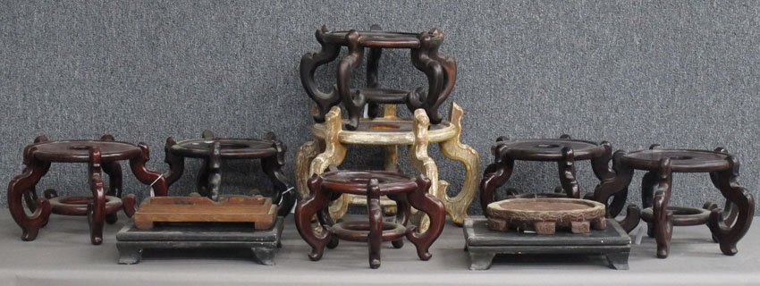 LOT OF (11) ASIAN CARVED WOOD STANDS lengths- 7 : LOT OF (11) ASIAN CARVED WOOD STANDS lengths- 7 1/2" - 14"