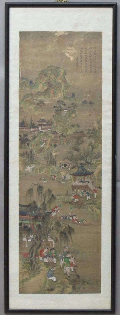 CHINESE LANDSCAPE PAINTING WITH FIGURES circa la: CHINESE LANDSCAPE PAINTING WITH FIGURES circa late 18th / early 19th century sight- 13" x 40 1/4" note- restoration