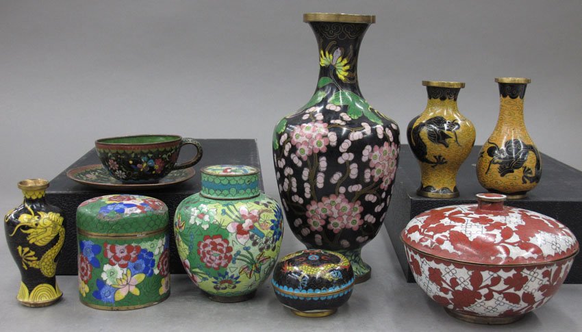 LOT OF (10) CHINESE CLOISONNE ITEMS includes vas: LOT OF (10) CHINESE CLOISONNE ITEMS includes vases, cover jars, and saucer circa 20th century height- 1 3/4" - 9 1/8"