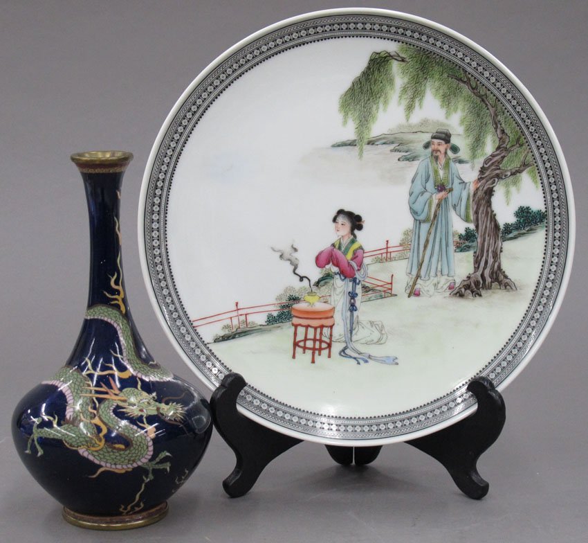 LOT OF (2) ASIAN ITEMS includes japanese cloison: LOT OF (2) ASIAN ITEMS includes japanese cloisonne vase and chinese porcelain painted plate height of vase- 8 1/4" diameter of plate- 10 1/4"