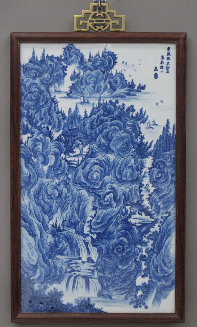 CHINESE BLUE AND WHITE PORCELAIN PLAQUE circa 20: CHINESE BLUE AND WHITE PORCELAIN PLAQUE circa 20th century sight- 12 1/4" x 22"