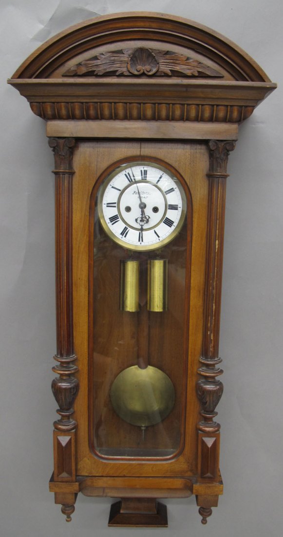 LATE 19TH CENTURY TWO WEIGHT WALNUT WALL CLOCK le: LATE 19TH CENTURY TWO WEIGHT WALNUT WALL CLOCK length- 37"