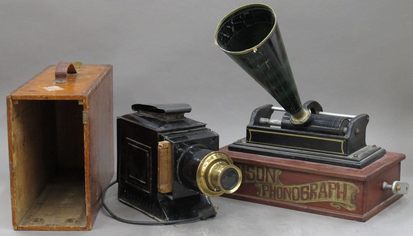 LOT WITH MAGIC LANTERN VIEWER AND EDISON PHONOGRA: LOT WITH MAGIC LANTERN VIEWER AND EDISON PHONOGRAPH STAGE PROP size- 9" x 14 1/4", 9 3/4" x 16 1/4"
