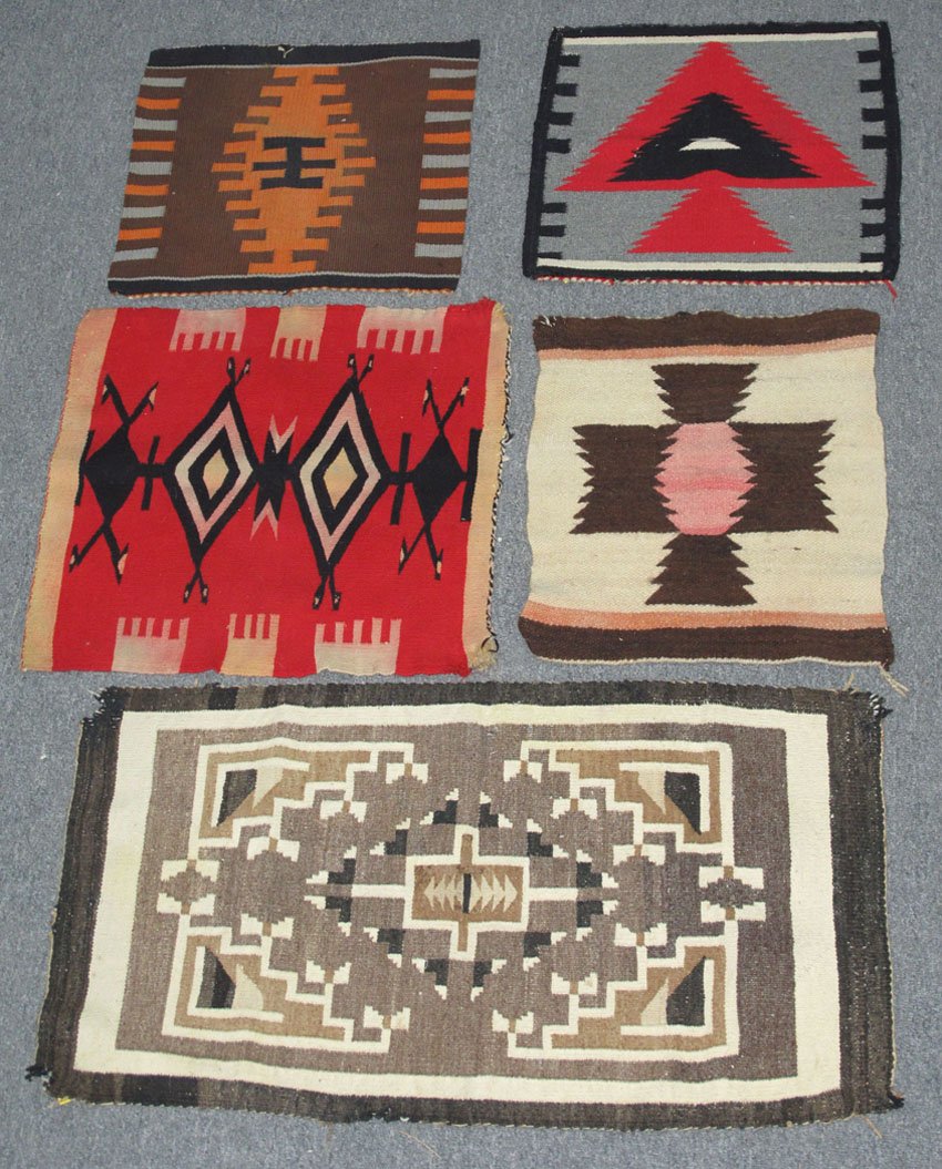 LOT OF (5) NAVAJO BLANKETS size- 18" x 34 1/2" 20: LOT OF (5) NAVAJO BLANKETS size- 18" x 34 1/2" 20 3/4" x 21 1/2" 16 1/2" x 19" 17 1/2" x 17 1/2" 17 1/2" x 17 1/2"