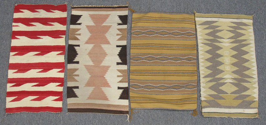 LOT OF (4) NAVAJO BLANKETS size- 16" x 34" 18 1/2: LOT OF (4) NAVAJO BLANKETS size- 16" x 34" 18 1/2" x 30" 16 1/4" x 31" 17" x 33"