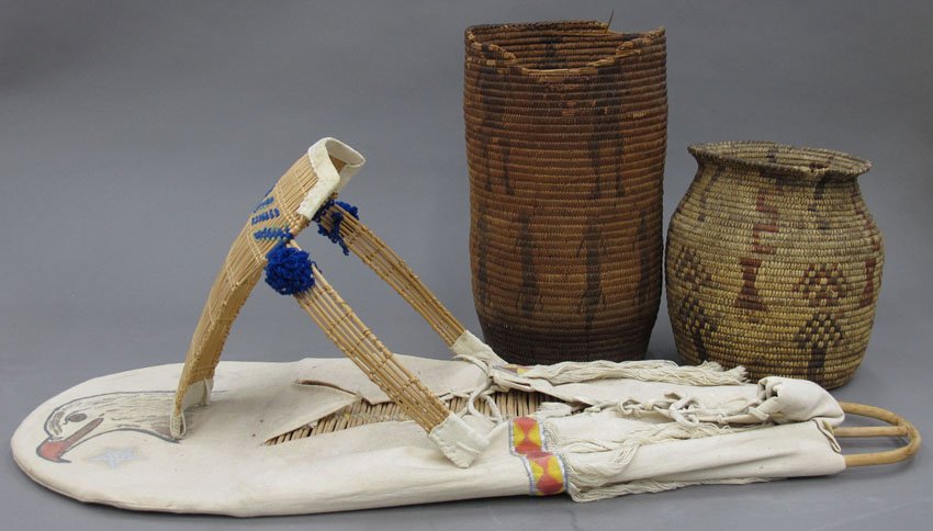 LOT OF (3) INDIAN ITEMS includes papago olla, pai: LOT OF (3) INDIAN ITEMS includes papago olla, paiute cradle basket, and paiute basket with figures height- 9 1/2", 14", 10 1/2" x 30"