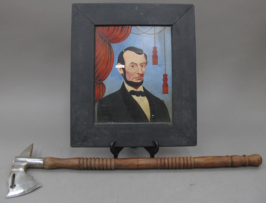 LOT OF (2) COMMEMORATIVE ITEMS includes Oil on Bo: LOT OF (2) COMMEMORATIVE ITEMS includes Oil on Board and Fire Axe O/B sight- 9" x 11 1/4" Axe length- 28 1/4"