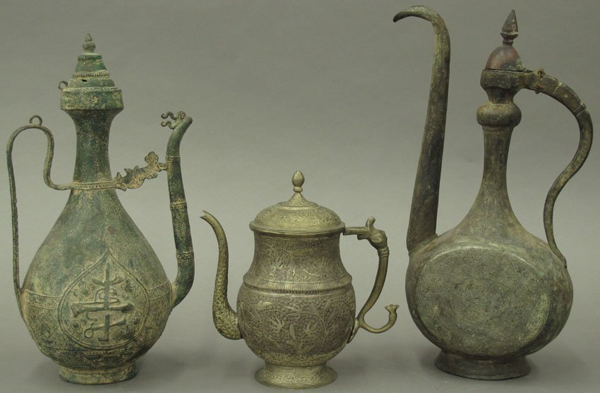 LOT OF (3) PERSIAN METAL WARE PITCHERS heights-: LOT OF (3) PERSIAN METAL WARE PITCHERS heights- 7 1/2"- 13"