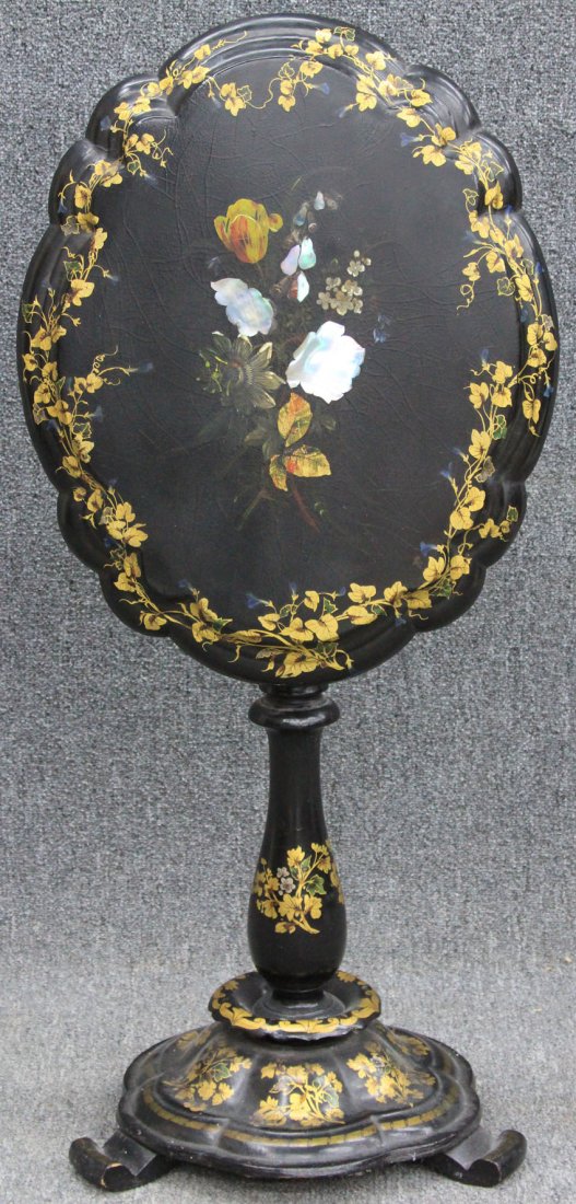 ENGLISH VICTORIAN TILT TOP TABLE with mother of: ENGLISH VICTORIAN TILT TOP TABLE with mother of pearl inlay height- 26 1/2" top- 18" x 22 1/4"