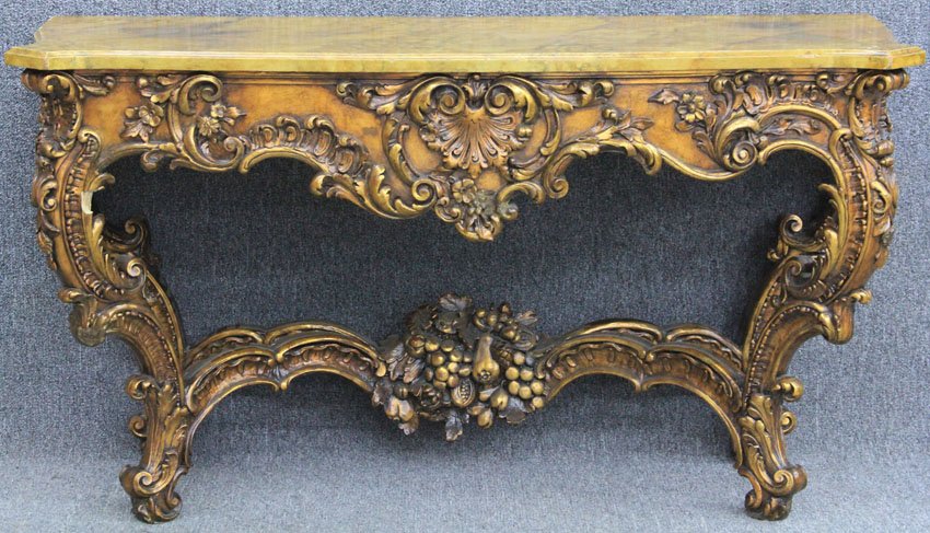 FRENCH ROCOCO STYLE HALL TABLE with basket frui: FRENCH ROCOCO STYLE HALL TABLE with basket fruit decoration height- 31" width- 54"