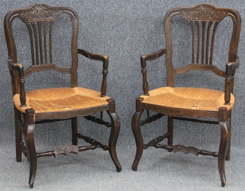 PAIR OF FRENCH CARVED FRUITWOOD ARM CHAIRS earl: PAIR OF FRENCH CARVED FRUITWOOD ARM CHAIRS early 20th century height- 38"