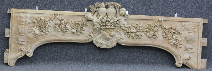 FRENCH CARVED PANEL with cherubs early 20th cen: FRENCH CARVED PANEL with cherubs early 20th century length- 84 1/2" note- termite/worm holes