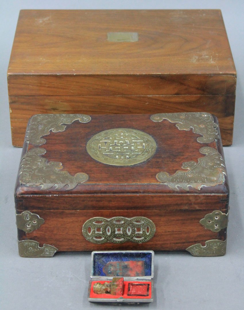 LOT OF (3) ITEMS Walnut Cigar Humidor, Chinese: LOT OF (3) ITEMS Walnut Cigar Humidor, Chinese Dresser Box, and Chinese Stamp
