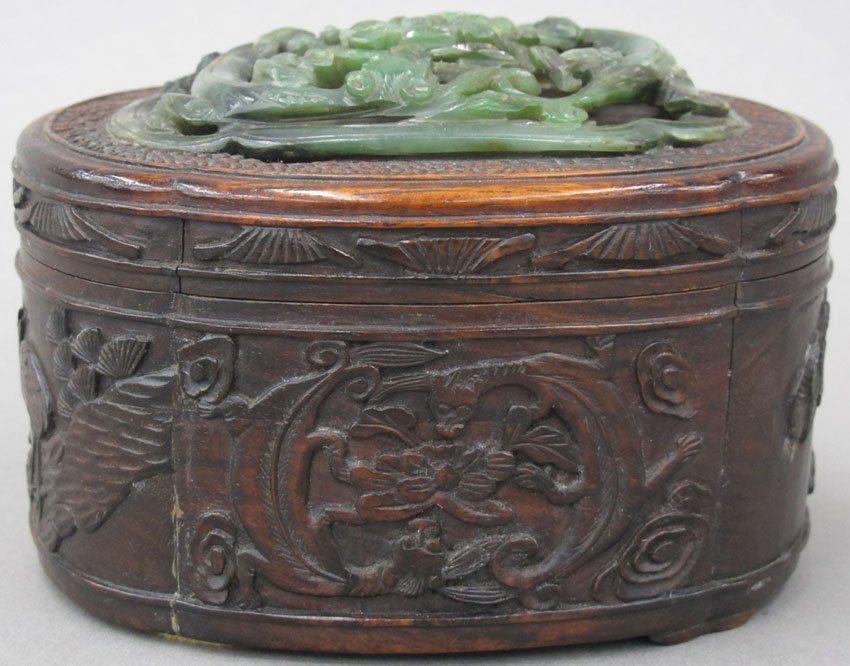 CHINESE CARVED DRESSER BOX with carved jade dou: CHINESE CARVED DRESSER BOX with carved jade double dragon top height- 3 1/4", width- 4 1/4" note- repairs to box jade glued to top