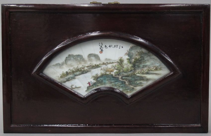 CHINESE PORCELAIN PAINTED FAN, framed overall-: CHINESE PORCELAIN PAINTED FAN, framed overall- 14 1/4" x 9"