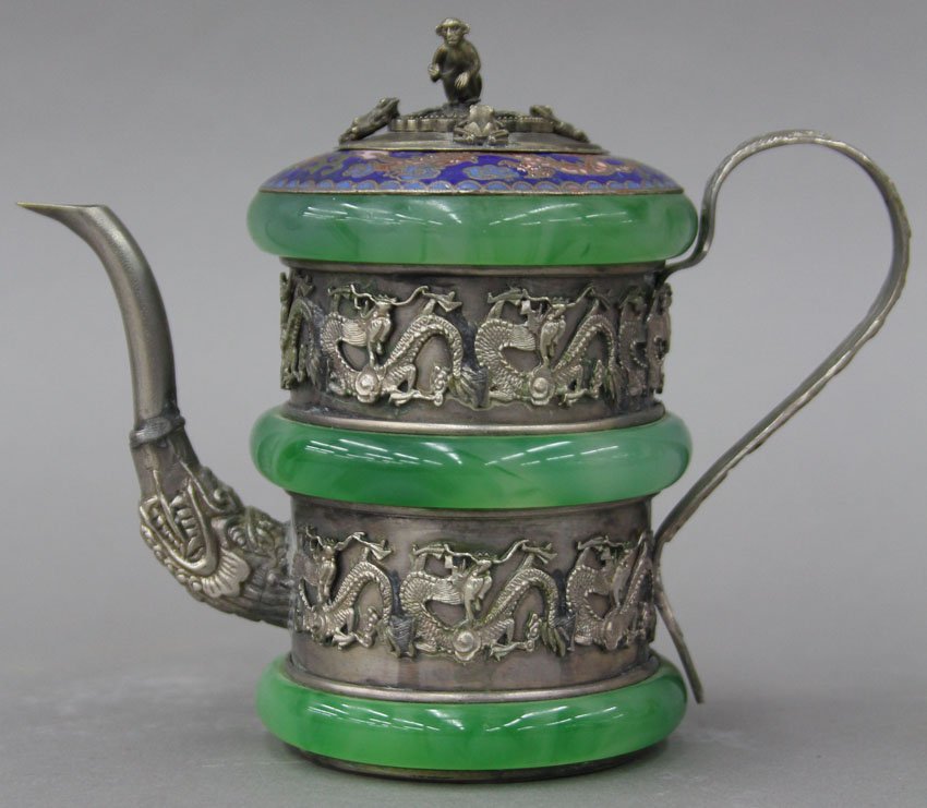 CHINESE SILVER AND ENAMELED TEA POT with jade: CHINESE SILVER AND ENAMELED TEA POT with jade artist signed on bottom height- 4 3/4" CHANGE - NOT JADE